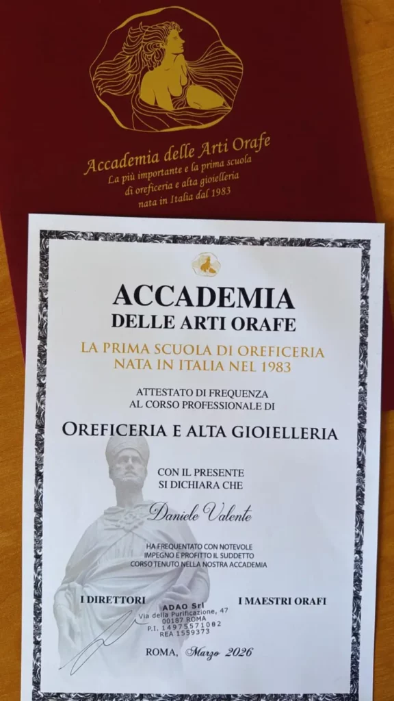 Attestato di frequenza al corso professionale di Oreficeria e Alta Gioielleria di Daniele Valente